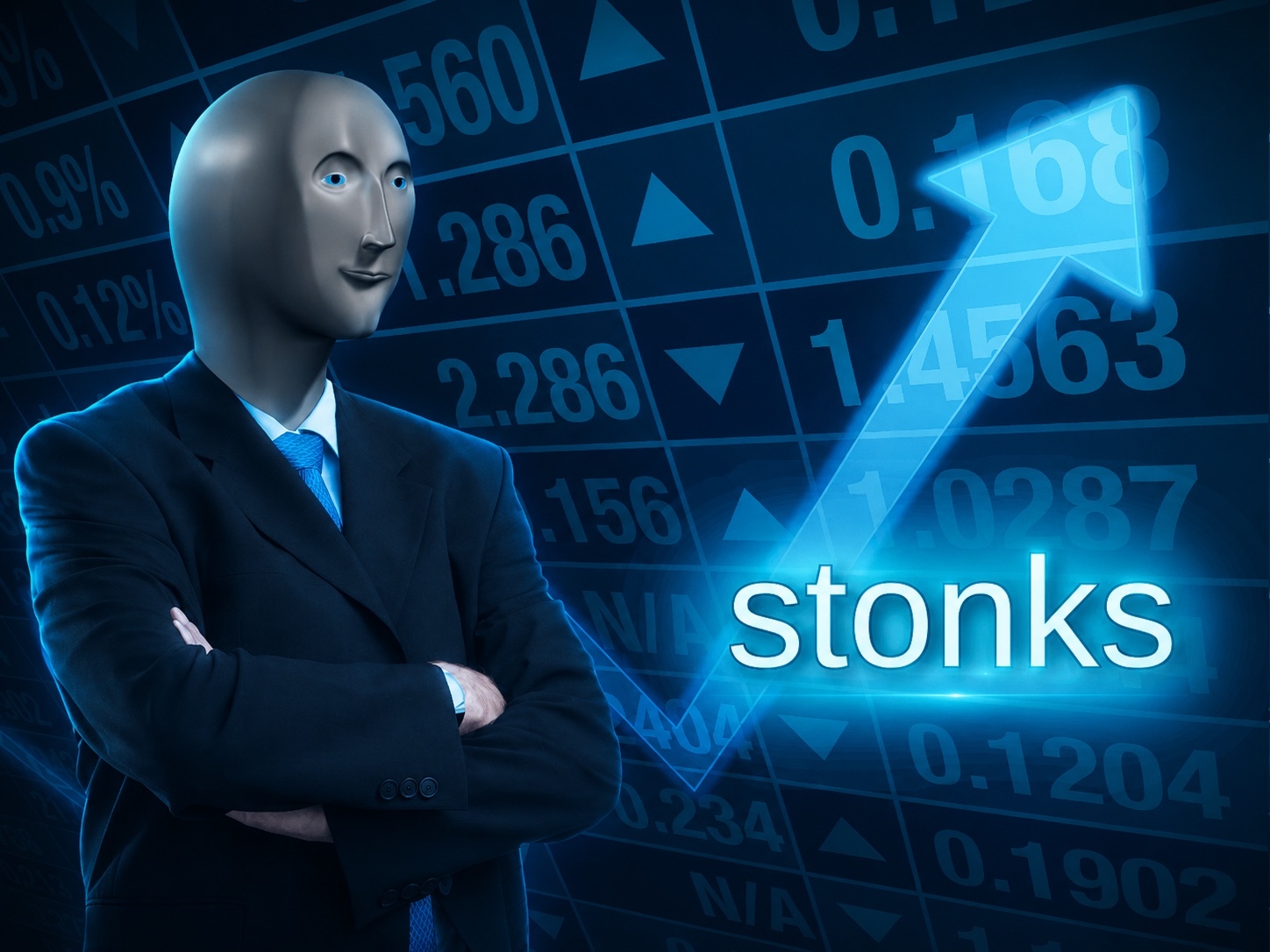 Chairman Stonks standing beside a rising market arrow